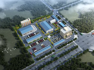 Aerial View of Modern Industrial Factory Complex with Multiple Buildings Parking Area and Green Surroundings 3d model