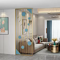 Modern Room Divider With Gold Frame And Blue Circular Patterns In Living Room