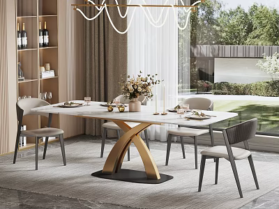 Modern Dining Table Set With White Tabletop Golden Cross Legs And Chairs 3d model