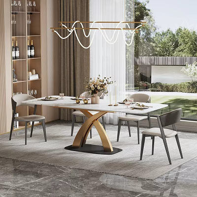 Modern Dining Table Set With White Tabletop Golden Cross Legs And Chairs 3d model