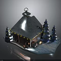 Small Wooden Cabin With Silver Metal Roof Ring Ornament And Blue Tower Trees On Icy Platform