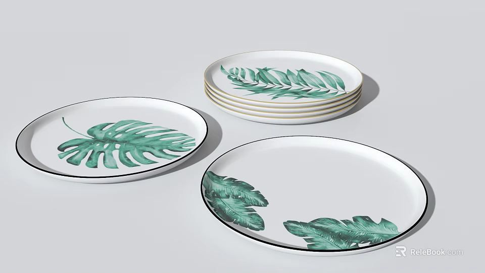 Elegant Decorative White Plates With Green Leaf Patterns Stacked And Single Design 3d model 
