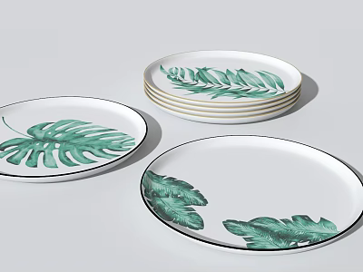 Elegant Decorative White Plates With Green Leaf Patterns Stacked And Single Design 3d model