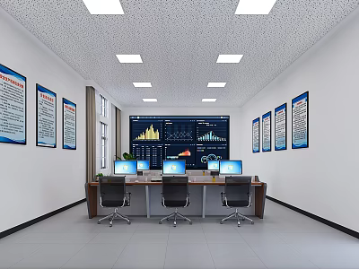Monitoring Room Interior With Large Data Screen Multiple Computer Monitors Desks Chairs And Wall Charts 3d model