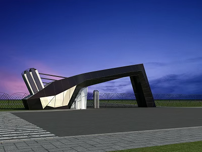 Modern Entrance Gate With Unique Black Frame And Evening Sky Background 3d model