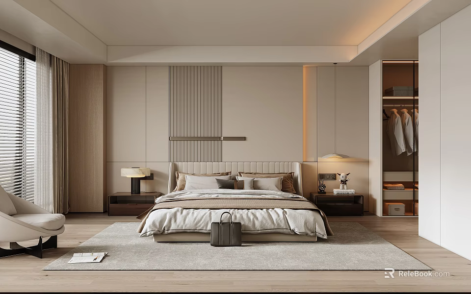 Modern Bedroom Interior Design With Cozy Bed Wooden Nightstand And Wardrobe Curtains 3d model 