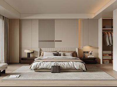 Modern Bedroom Interior Design With Cozy Bed Wooden Nightstand And Wardrobe Curtains 3d model