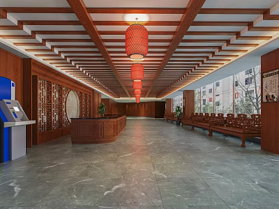 Spacious Lobby Interior With Wooden Ceiling Red Lanterns Reception Desk And Marble Floor 3d model
