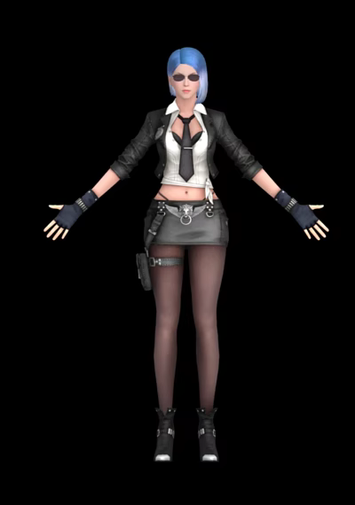 Game Movie Character Featuring Black Leather Jacket White Vest Black Tie Mini Skirt Gloves Stockings 3d model
