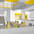 Bright White Bakery Cafe Exterior With Yellow Awning Windows And Outdoor Seating
