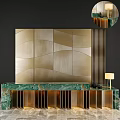 Modern Luxury Reception Desk With Golden Wavy Wall Green Marble Countertop And Decor Accents