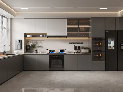 Modern Kitchen Interior Featuring Gray Cabinets Black Appliances And Polished Countertop 3d model