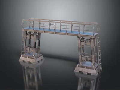 Industrial Metal Bridge Platform Structure with Railings Ladders and Concrete Support Bases 3d model