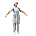 Woman in Blue and White Uniform With Apron Standing with Arms Outstretched