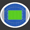 3D Designed Stadium With Blue Roof Structure And Green Football Field Stands