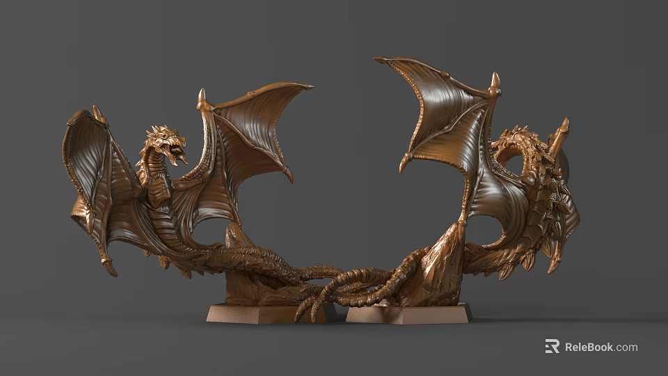 Bronze Mythical Twin Headed Dragon Sculpture With Intricate Wings And Square Base 3d model 