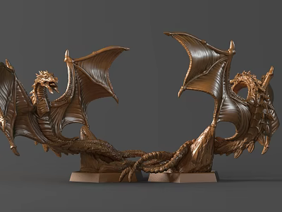 Bronze Mythical Twin Headed Dragon Sculpture With Intricate Wings And Square Base 3d model