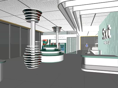 Modern Retail Store Interior With Unique Columns Display Counters And SXT Brand Signage 3d model