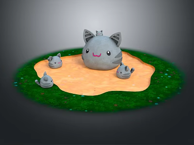 Large Gray Cat With Small Kittens Playing On Sandy Area Surrounded By Green Grass 3d model