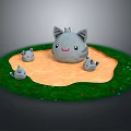 Large Gray Cat With Small Kittens Playing On Sandy Area Surrounded By Green Grass 3d model