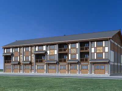 Traditional Multi Story Building Exterior With Wooden Brick Facade Balconies Garages And Green Lawn 3d model