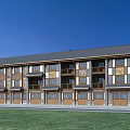 Traditional Multi Story Building Exterior With Wooden Brick Facade Balconies Garages And Green Lawn