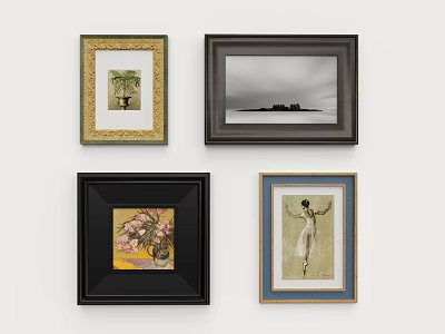 Four Decorative Photo Frames With Different Art Prints On White Wall 3d model
