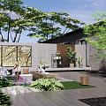 Serene Garden Landscape With Sofa Green Plants Trees Decorative Wall And Lawn
