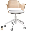 Modern Office Chair With Wooden Armrests Grey Fabric Seat And White Caster Base