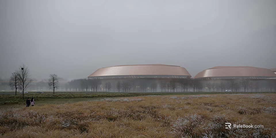 Two Large Domed Buildings Under Foggy Overcast Sky Surrounded by Withered Grass and Trees 3d model 