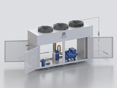 Enclosed Industrial Equipment With Three Top Units Blue Pump Pipes And Ventilated Doors 3d model