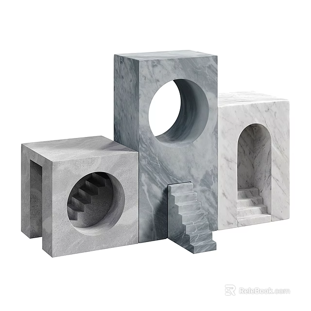 Modern Minimalist Gray Marble Decorative Ornament Set with Geometric Hollow Circular Arch and Step Designs 3d model 