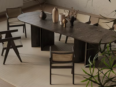 Wooden Oval Dining Table Set With Rattan Chairs Decorative Vases And Green Plants 3d model