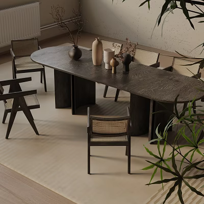Wooden Oval Dining Table Set With Rattan Chairs Decorative Vases And Green Plants 3d model