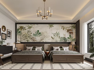 Tropical Plant Mural Bedroom Interior With Twin Beds Chandelier White Walls And Dark Wood Furniture 3d model
