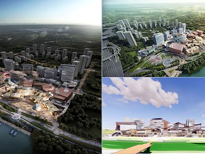Aerial View of Modern Urban Residential Commercial Cluster With Green Spaces and Waterfront Scenic Layout 3d model