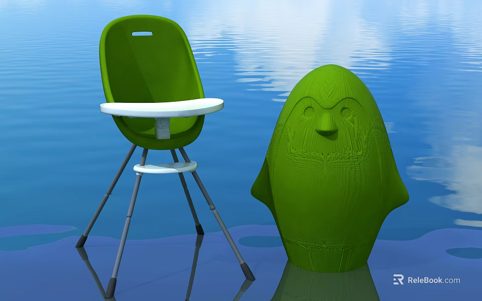 Green Children's Chair With Penguin Shaped Figure On Blue Water Background 3d model 