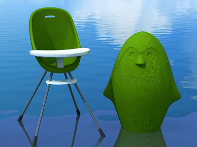 Green Children's Chair With Penguin Shaped Figure On Blue Water Background 3d model