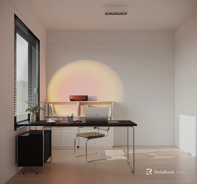 Minimalist Modern Study Room With Desk Laptop Bookshelf And Large Window 3d model