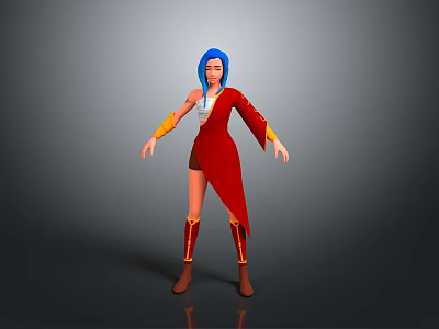Woman With Blue Hair In Red Outfit And Yellow Sleeves Wearing Brown Boots 3d model