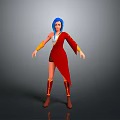 Woman With Blue Hair In Red Outfit And Yellow Sleeves Wearing Brown Boots