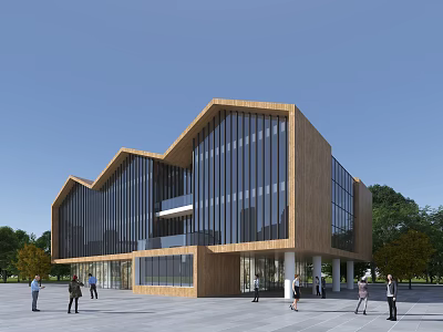 Modern Office Building With Glass Curtain Walls Wooden Exterior Near Plaza Pedestrians And Trees 3d model