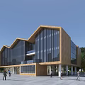 Modern Office Building With Glass Curtain Walls Wooden Exterior Near Plaza Pedestrians And Trees