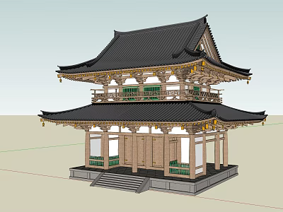 Traditional Chinese Ancient Architecture Two Story Structure With Black Tiled Roof And Wooden Frames 3d model