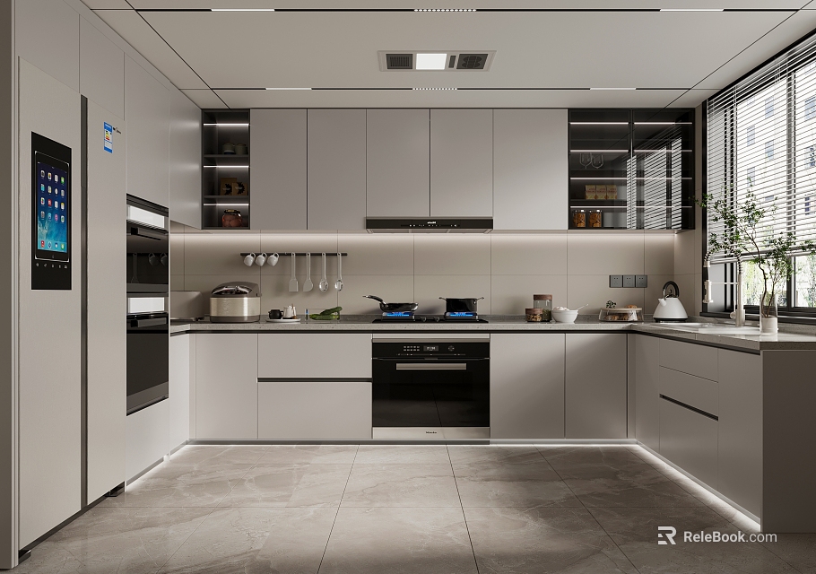 Modern Kitchen Interior With Grey Cabinets Built In Appliances And Sleek Countertop 3d model 