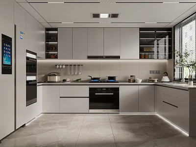 Modern Kitchen Interior With Grey Cabinets Built In Appliances And Sleek Countertop 3d model