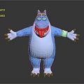 Cartoon Blue Game Movie Character With Purple Horns Open Arms Sticking Tongue And White Wrist Bandages