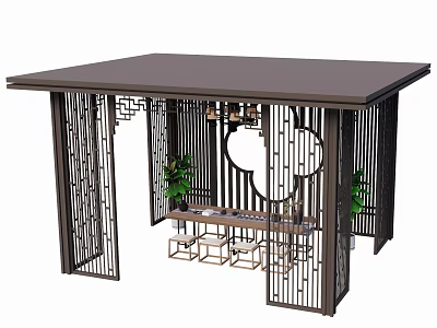 Chinese Style Pavilion With Lattice Screens Circular Decoration Plants And Wooden Furniture 3d model