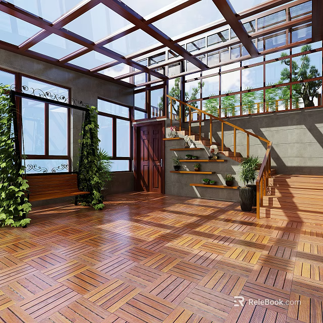 Villa Balcony Design With Glass Roof Wooden Flooring Staircase And Green Plants 3d model 