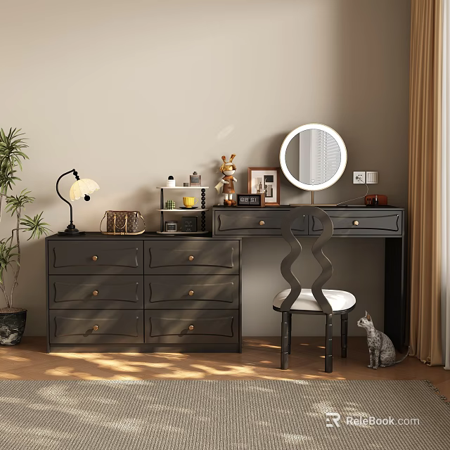 Dark Dressing Table with Round Mirror Drawers Table Lamp and Decorative Items 3d model